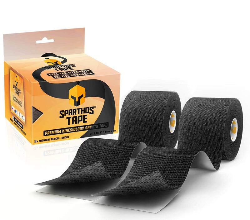 Sparthos Tape Kinesiology Tape Pack of 2 Support for Athletic Sports and Recovery Kinesio Guide Pro Rocktape Waterproof Rock Kinetic Carpal Tunnel Wrist Brace Uncut 2X Midnight Black